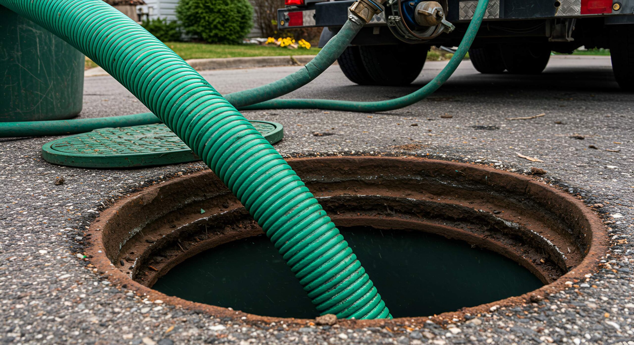 Green corrugated hose inserted into an open septic tank access hole in a residential driveway, with a septic pumping truck visible in the background.